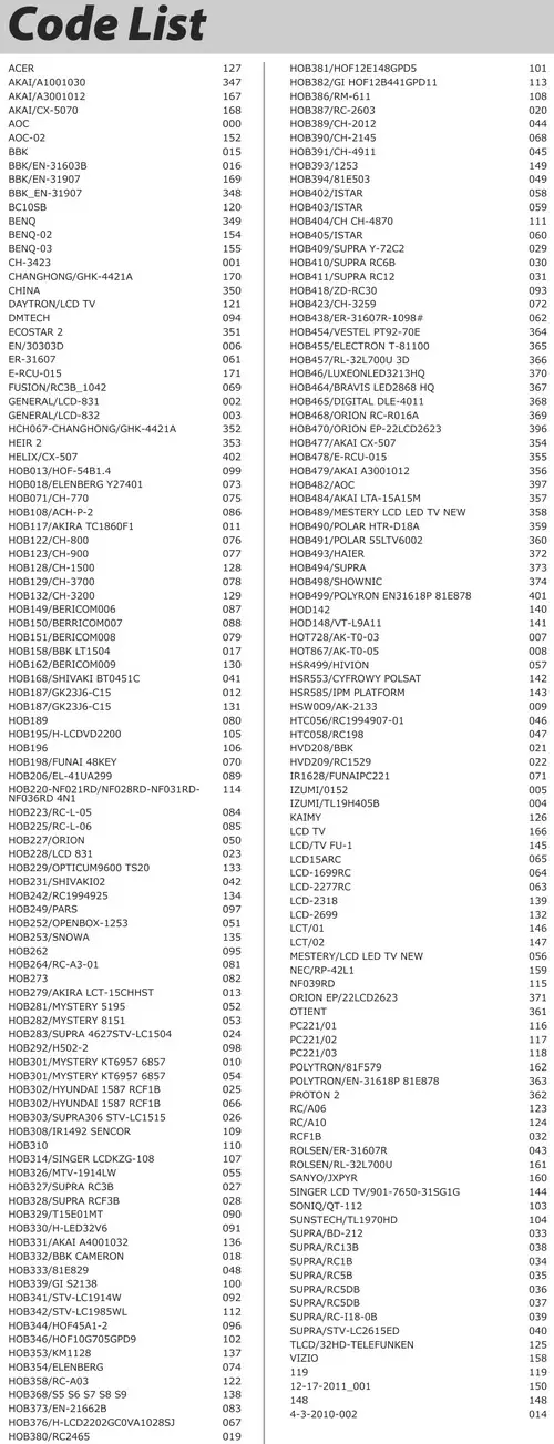 bd512 universal remote code list