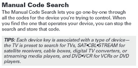 rca rcr313br universal 3 device remote control MANUAL CODE SEARCH 1