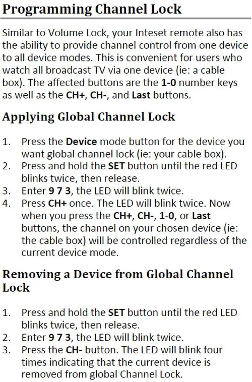 Inteset Remote INT-422 Program Channel Lock